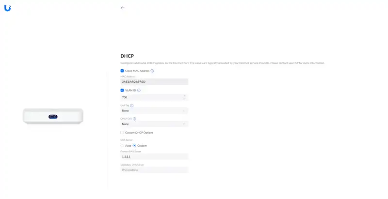 UniFi UCG Ultra WAN setup with VLAN ID and MAC override