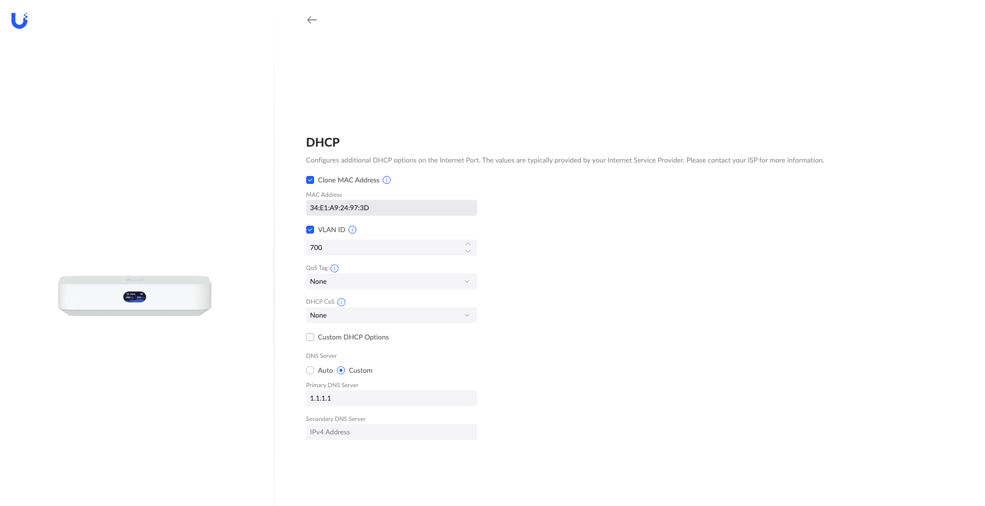 UniFi UCG Ultra WAN setup with VLAN ID and MAC override
